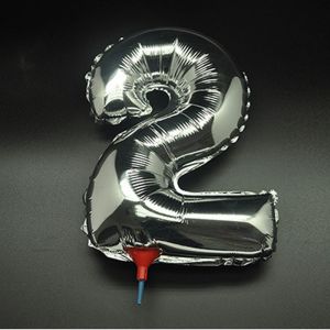 10броя-Фолиев балон цифра 2,сребърен с пръчка-40см