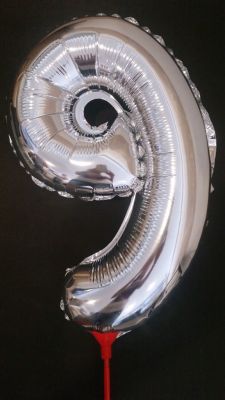 10броя-Фолиев балон цифра 9,сребърен с пръчка-40см